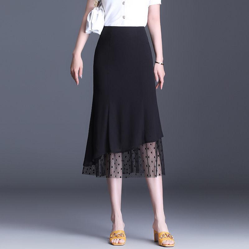 スカート レディース 黒 包臀 タイト ミモレ丈 膝下丈 ポリエステル 伸縮性 レース 切り替え 無地 スタイルアップ 細見え 通勤 オフィス