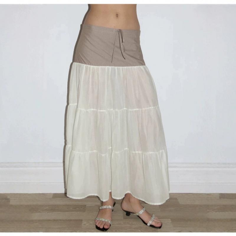 スカート レディース ストライプ柄 切り替え Aライン ロングスカート シェニール 伸縮性なし ホワイト 文芸風 レトロ