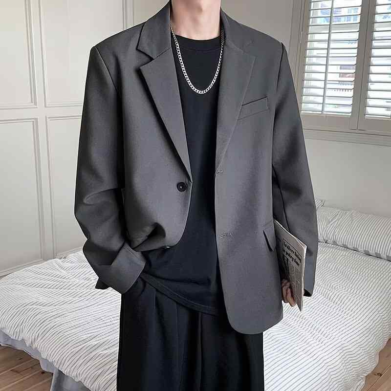 ジャケット メンズ テーラードジャケット 春秋 普段使い 韓国 ゆったり ポリエステル 無地 長袖 ブラック 黒 グレー