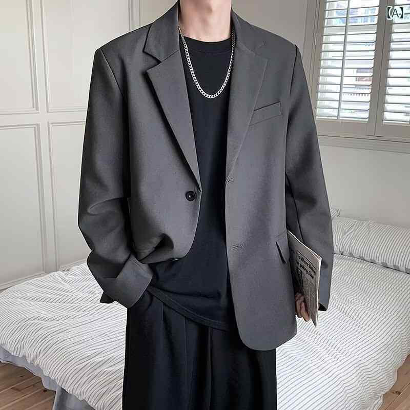 ジャケット メンズ テーラードジャケット 春秋 普段使い 韓国 ゆったり ポリエステル 無地 長袖 ブラック 黒 グレー