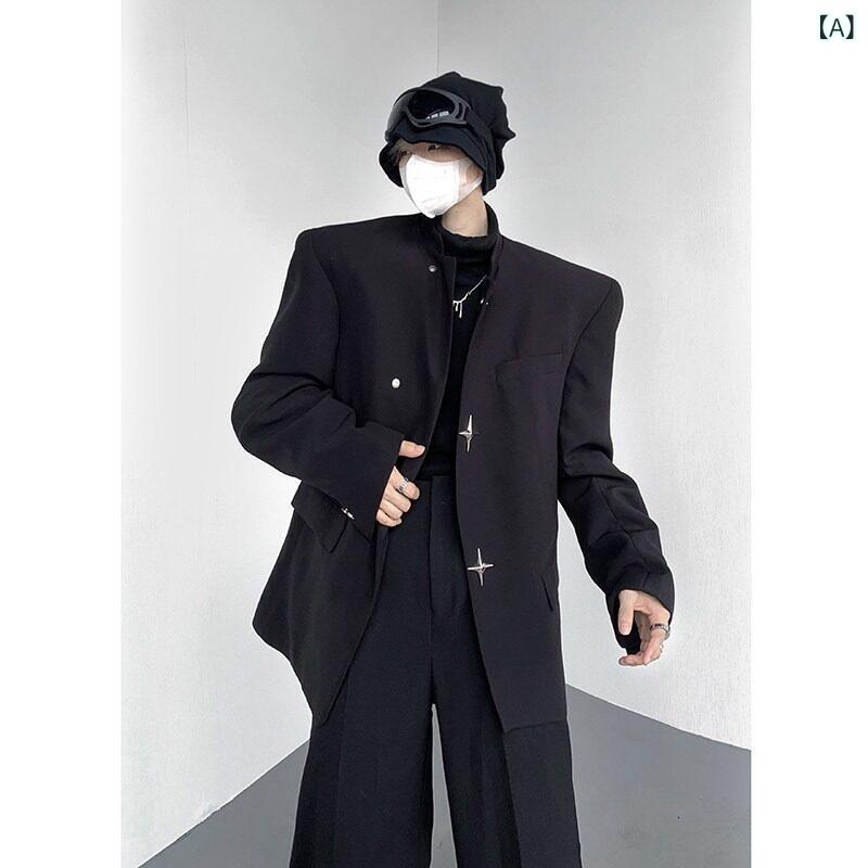 ジャケット メンズ 男性用 中山装風 立ち襟 カジュアル スーツ スリムフィット 中国風 聚酯纖維 ポリエステル ブラック 黒 長袖 春