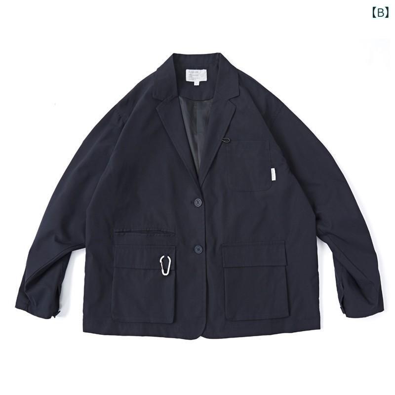 ジャケット メンズ テーラードジャケット レトロ アウトドア 通勤 ポリエステル 多ポケット ルーズフィット ダークグレー 紺