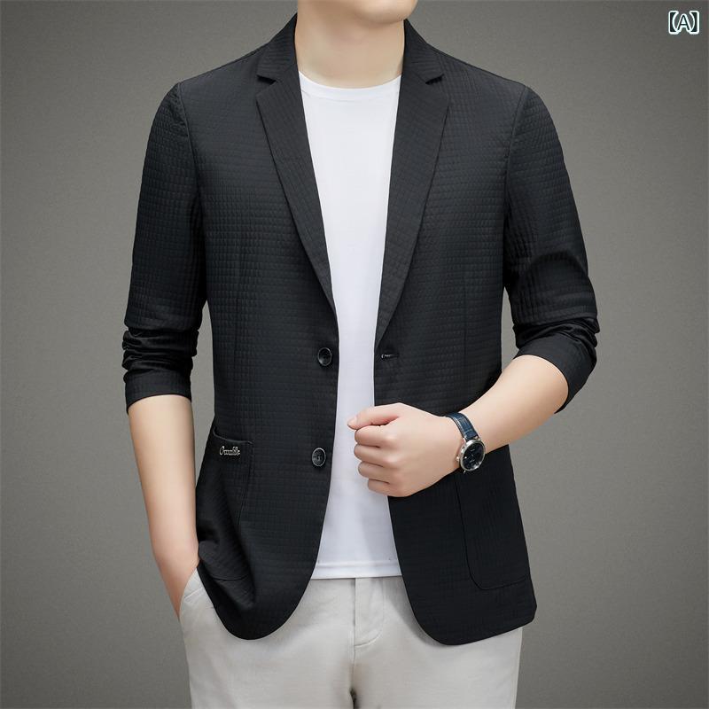 ジャケット 男性用 スリムフィット カジュアル スーツ 襟付き 長袖 チェック柄 ポリエステル 無地 ブラック グレー カーキ ホワイト