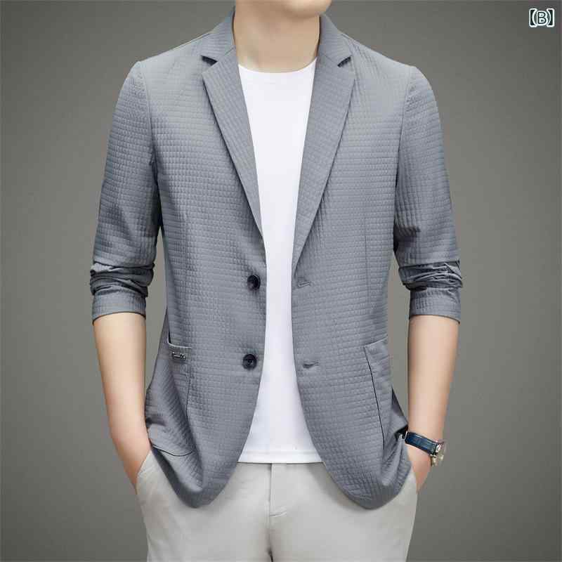 ジャケット 男性用 スリムフィット カジュアル スーツ 襟付き 長袖 チェック柄 ポリエステル 無地 ブラック グレー カーキ ホワイト