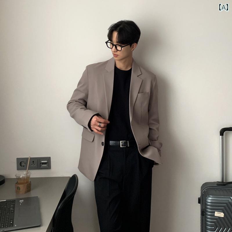 ジャケット メンズ 男性用 韓国 カジュアル スーツ テーラード 伸縮性 無地 コットン ポリエステル混紡 春秋 ブラウン ブラック グレー