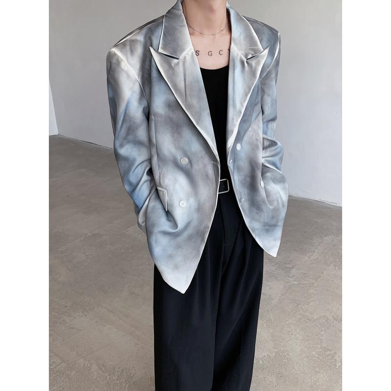 ジャケット メンズ 男性用 秋冬 ダブルブレスト 肩パッド ゆったり 長袖 グレー ブルー 切り替え カジュアル