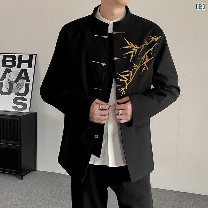 ジャケット 男性用 中山服 刺繍 テーラードジャケット 大きいサイズ ゆったり コーデュロイ ブラック 緑 黒 麻 春物