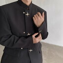 ジャケット メンズ 男性用 長袖 立襟 メタル飾り 肩パッド テーラードジャケット 韓国 ブラック ポリエステル 春 スプリング