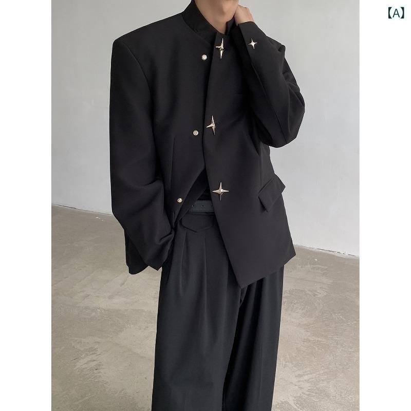 ジャケット メンズ 男性用 長袖 立襟 メタル飾り 肩パッド テーラードジャケット 韓国 ブラック ポリエステル 春 スプリング