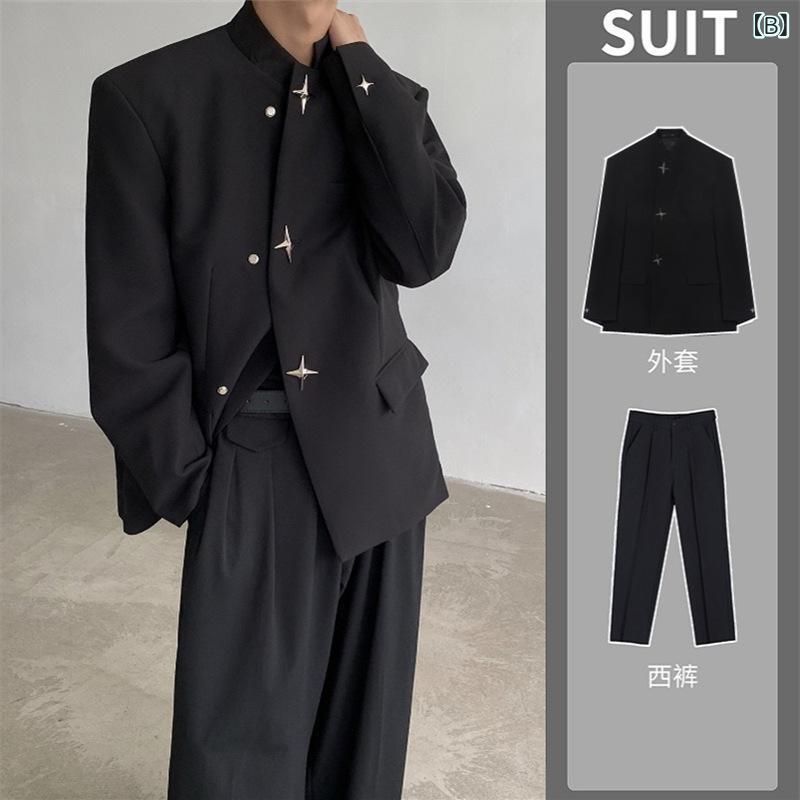 ジャケット メンズ 男性用 長袖 立襟 メタル飾り 肩パッド テーラードジャケット 韓国 ブラック ポリエステル 春 スプリング