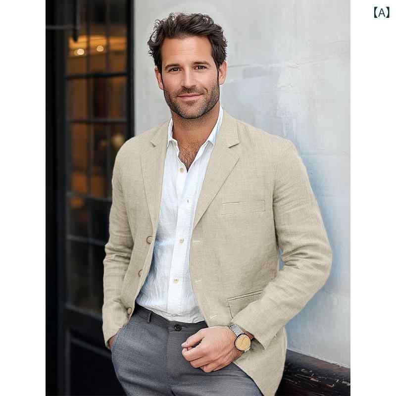 ジャケット メンズ 男性用 リネン 混紡 スーツ テーラードジャケット ブレザー トップス 無地 春秋 カジュアル レトロ スリムフィット S M L XL XXL XXXL オフホワイト グリーン ネイビー コーヒー