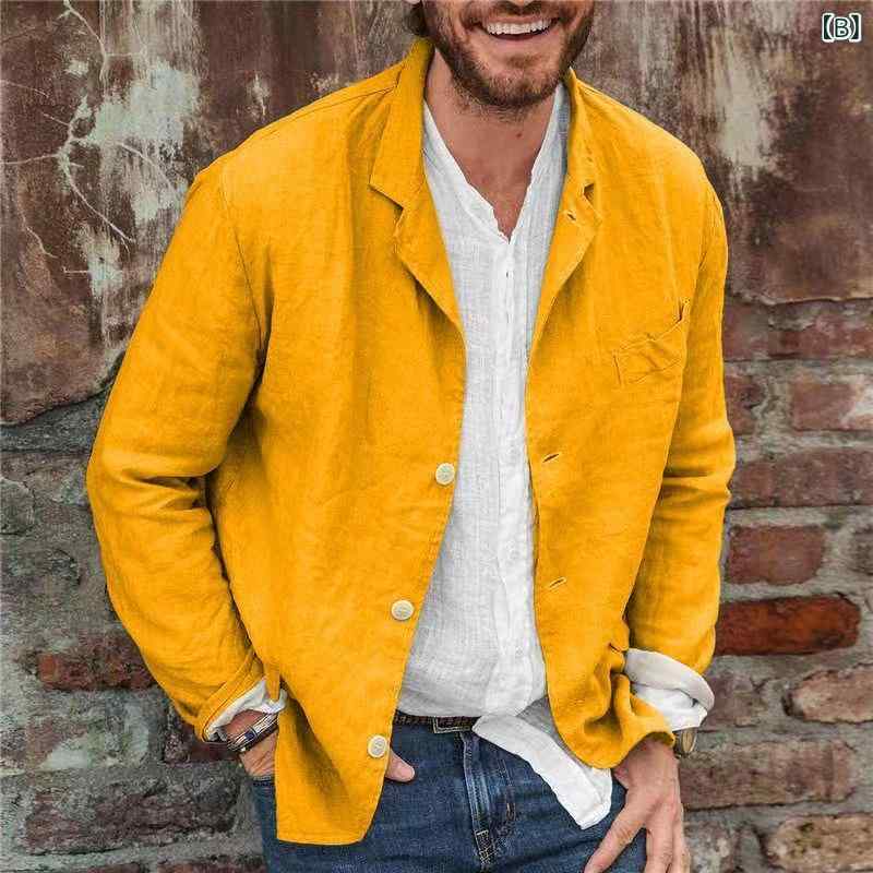 ジャケット メンズ 男性用 コットンリネン カジュアル スーツ トップス 長袖 無地 スリムフィット 襟付き グレー イエロー 紫色 黒 青 カーキ