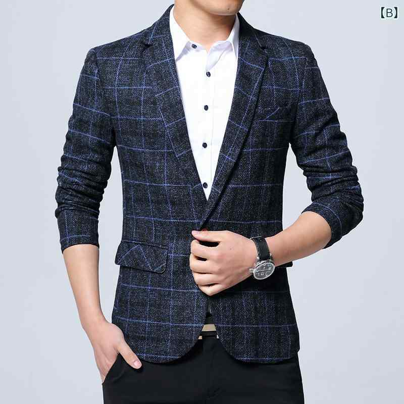 スーツ メンズ 格子柄 テーラードジャケット 男性用 スリムフィット カジュアル フォーマル 綿混紡 カーキ ブルー グレー