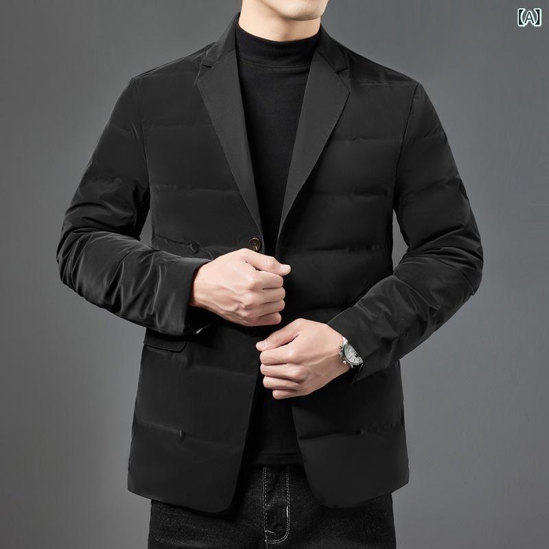 ダウンジャケット メンズ テーラードジャケット 秋冬 スーツ アウター 厚手 スリム 無地 ポリエステル ブラック グレー