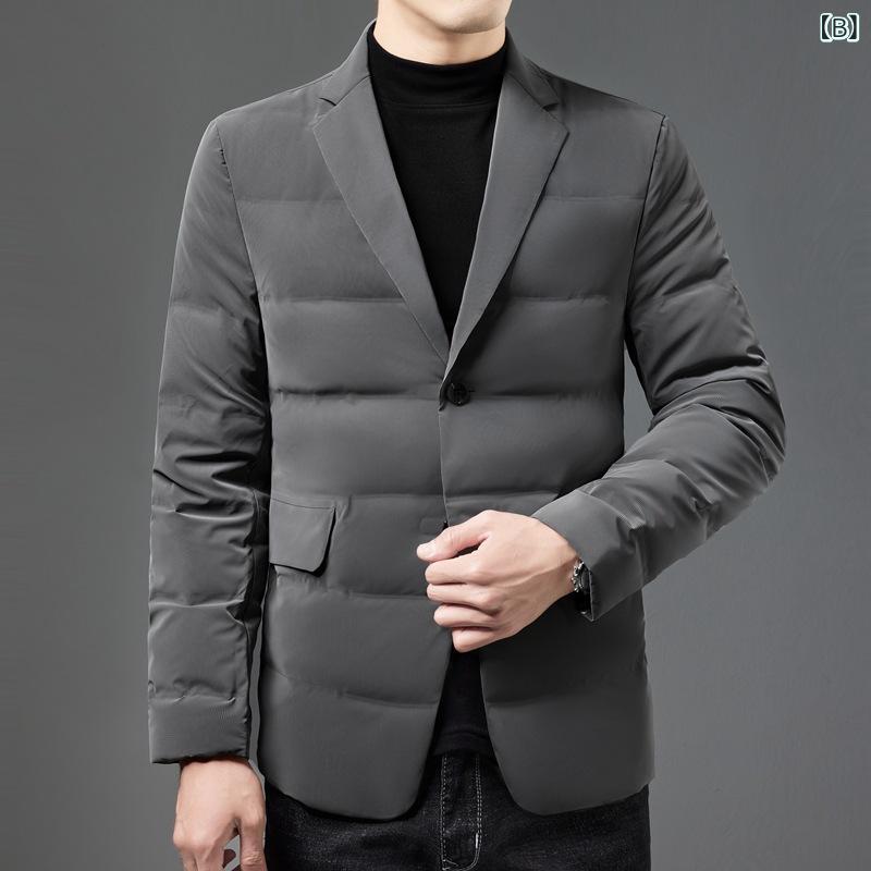 ダウンジャケット メンズ テーラードジャケット 秋冬 スーツ アウター 厚手 スリム 無地 ポリエステル ブラック グレー