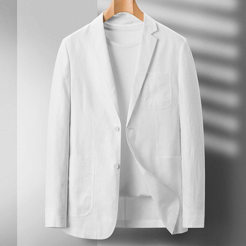 麻混紡 テーラードジャケット メンズ 男性用 春夏 薄手 綿麻 リネン ブレザー 白 ホワイト カジュアル 日常着 ポケット付き