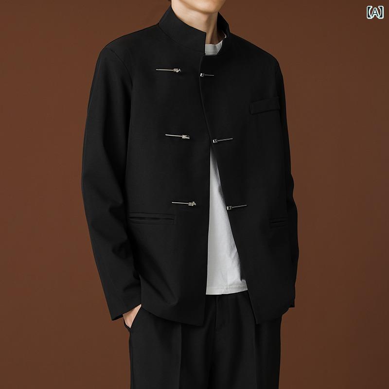 ジャケット メンズ 男性用 中山服 スタンドカラー メタルボタン 礼服 フォーマル カジュアル スーツ コート 春秋 ポリエステル混紡 ブラック 無地