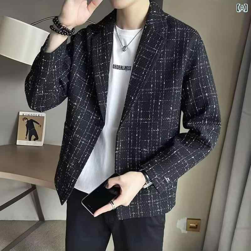 ジャケット メンズ テーラードジャケット 春秋 格子柄 ブレザー ゆったりサイズ カジュアル 男性用 アウター 普段使い ポリエステル ブラック系 ベージュ系