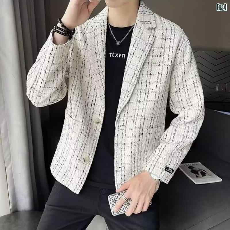 ジャケット メンズ テーラードジャケット 春秋 格子柄 ブレザー ゆったりサイズ カジュアル 男性用 アウター 普段使い ポリエステル ブラック系 ベージュ系