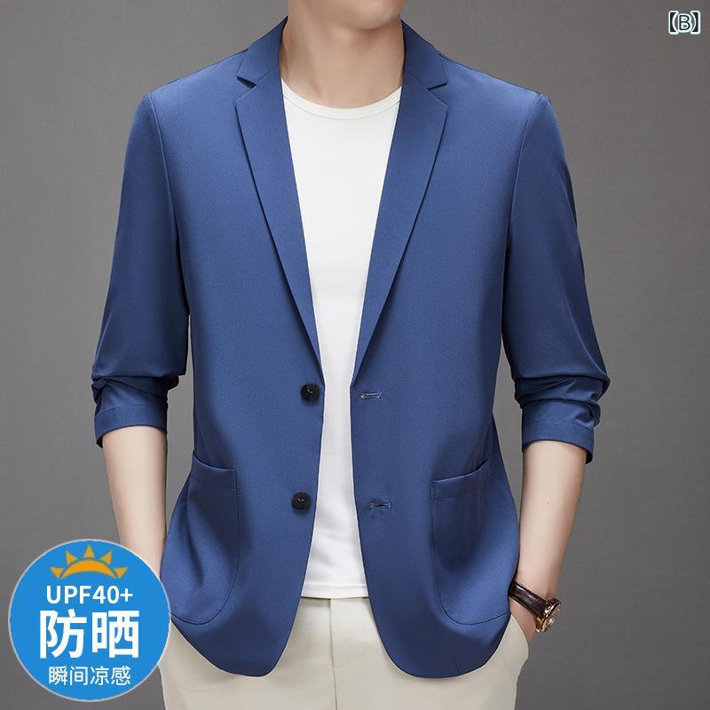 スーツ メンズ 男性用 夏ジャケット 接触冷感 テーラードジャケット スリムフィット ビジネス カジュアル 普段使い ポリエステル 無地 ネイビー ブルー グレー カーキ ブラック