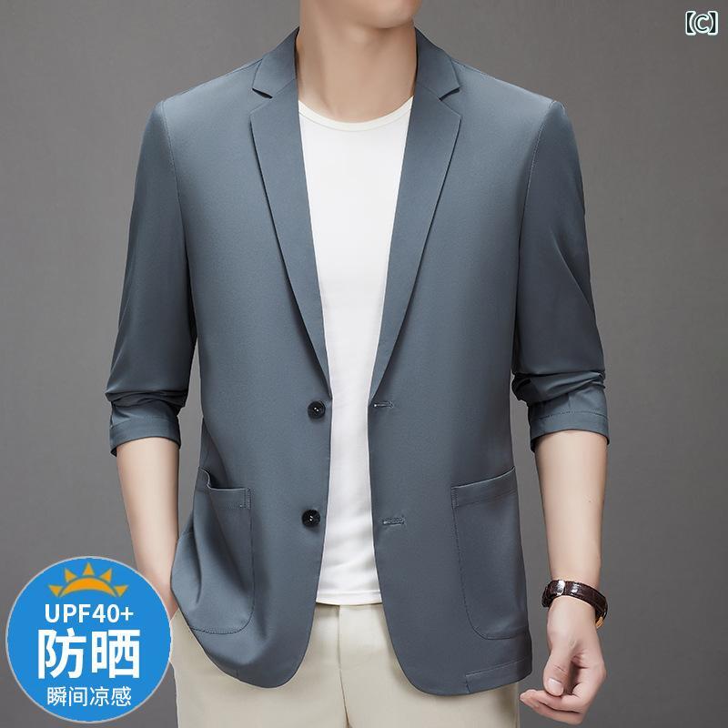 スーツ メンズ 男性用 夏ジャケット 接触冷感 テーラードジャケット スリムフィット ビジネス カジュアル 普段使い ポリエステル 無地 ネイビー ブルー グレー カーキ ブラック