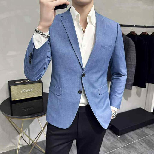 スーツ メンズ 男性用 スリムフィット カジュアル 韓国 シングルブレスト 2つボタン 無地 ブルー 綿 春 スーツ メンズ 男性用 スリムフィット カジュアル 韓国 シングルブレスト 2つボタン 無地 ブルー 綿 春