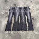 デニム メンズ レディース 復古 ブラック 竹節 コットン 色落ち加工 ライトニング ウォッシュ加工 古着風 ベルボトム ジーンズ 男女兼用 S M L XL