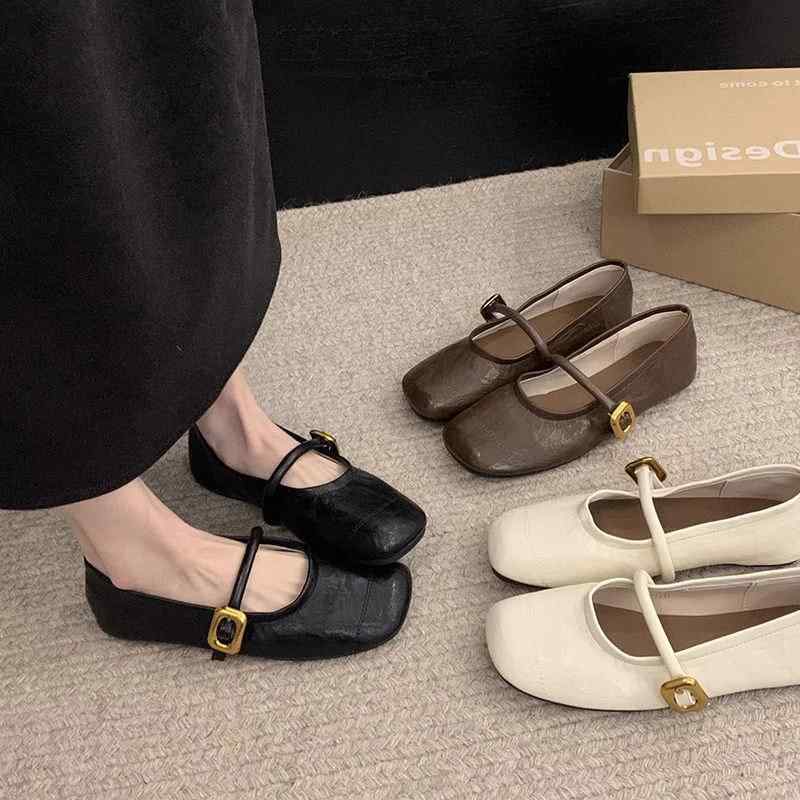 フラットシューズ レディース マリージェーン 革 ローヒール ストラップ ラウンドトゥ ぺたんこ靴 フラットパンプス ブラック 黒 アイボリー 白 ブラウン 茶...