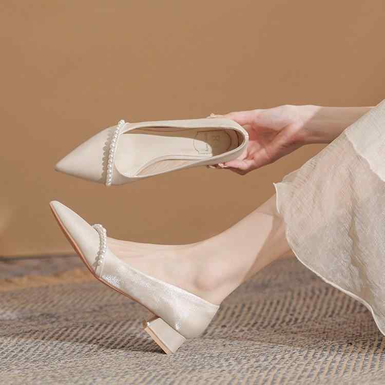 パンプス レディース 春 杏色 ポインテッドトゥ 太ヒール ローヒール ウェディング シューズ ブライダル シューズ