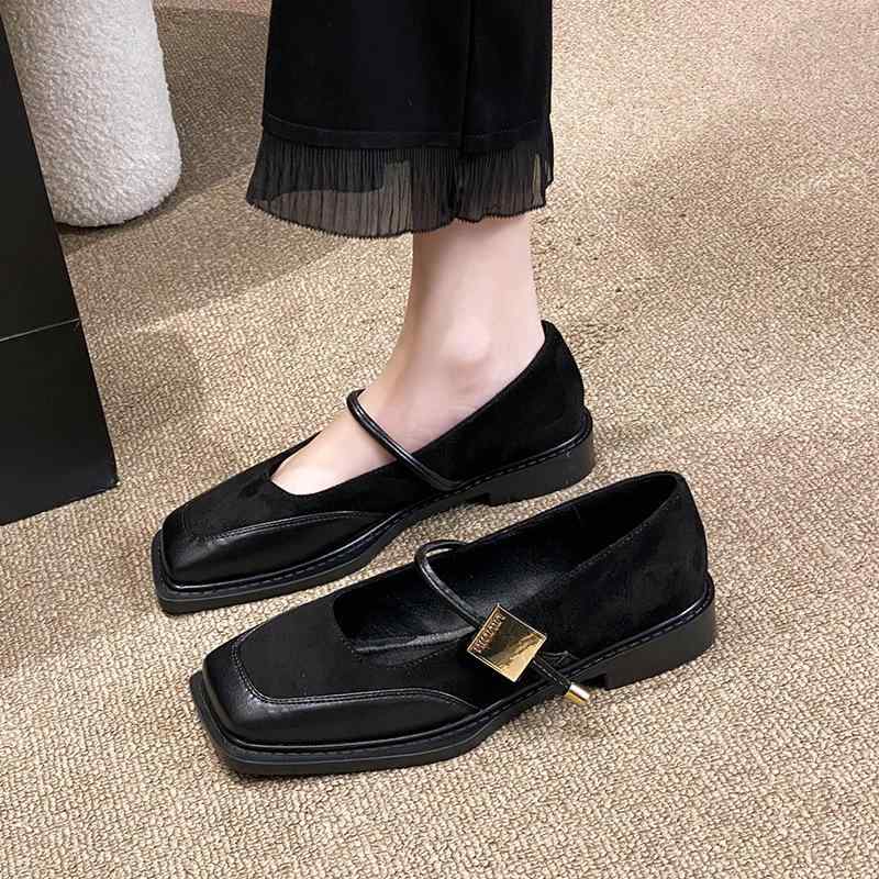 パンプス レディース バレエシューズ フラット ローヒール スクエアトゥ メリージェーン 配色 レトロ かわいい 歩きやすい 履きやすい 婦人靴 黒 緑 ブラウ...