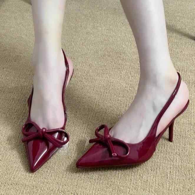 パンプス レディース ポインテッドトゥ ハイヒール 春夏 リボン飾り ワインレッド ブラック PUレザー 6cm 7cm 8cm きれいめ かわいい フェミニン...