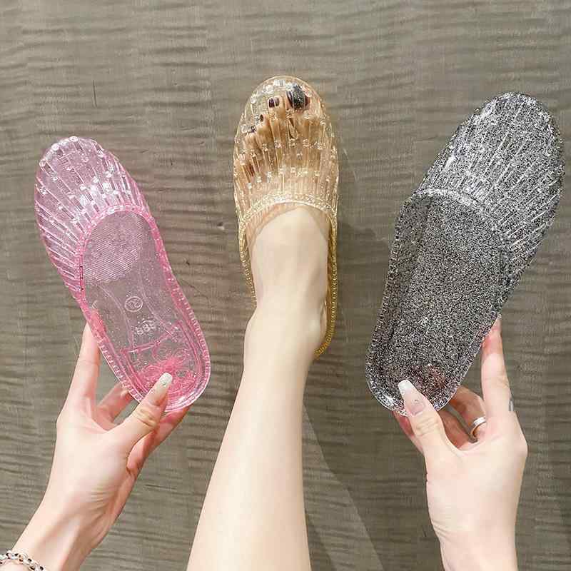 サンダル レディース クリア 透明 フラット ローヒール スリッパ つっかけ ぺたんこ PVC 涼しい 痛くなりにくい 歩きやすい 履きやすい 普段使い リゾート 軽量 撥水 速乾 ブラック ホワイト ゴールド ピンク