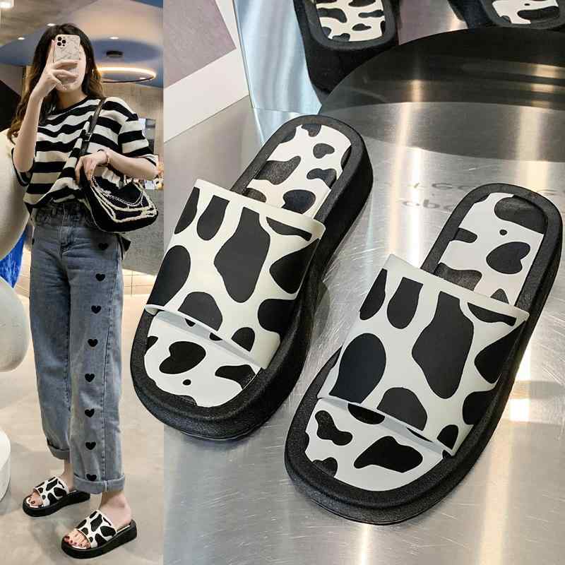 サンダル レディース 厚底 かわいい 牛柄 ルームシューズ スリッパ 滑り止め 春夏 PVC 韓国 ホワイト イエロー(x2)
