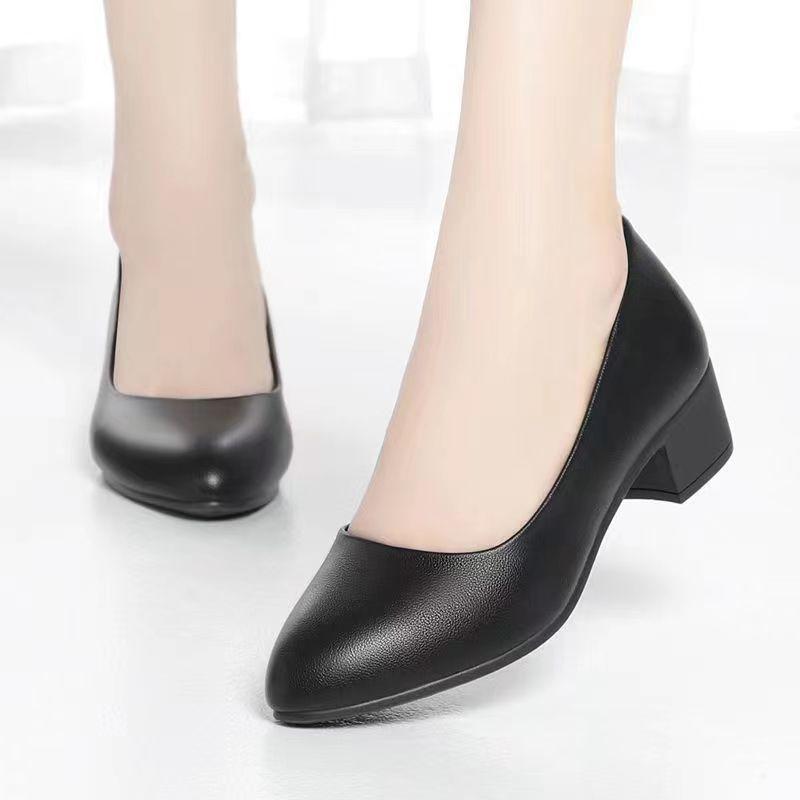 パンプス レディース 婦人靴 ラウンドトゥ 太ヒール ローヒール オフィス 仕事用 普段使い ブラック 黒 春夏 秋冬 PUレザー 合成皮革 3cm 5cm