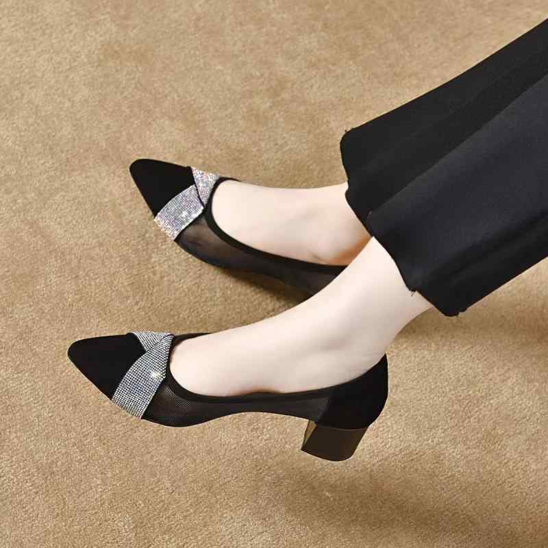 パンプス レディース ポインテッドトゥ ピンヒール チャンキーヒール メッシュ スパンコール サンダル ..