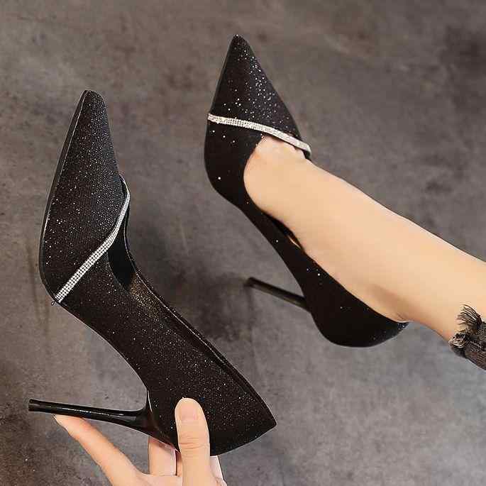 パンプス レディース ポインテッドトゥ ピンヒール ハイヒール 7cm 9cm キラキラ ラインストーン飾り ..