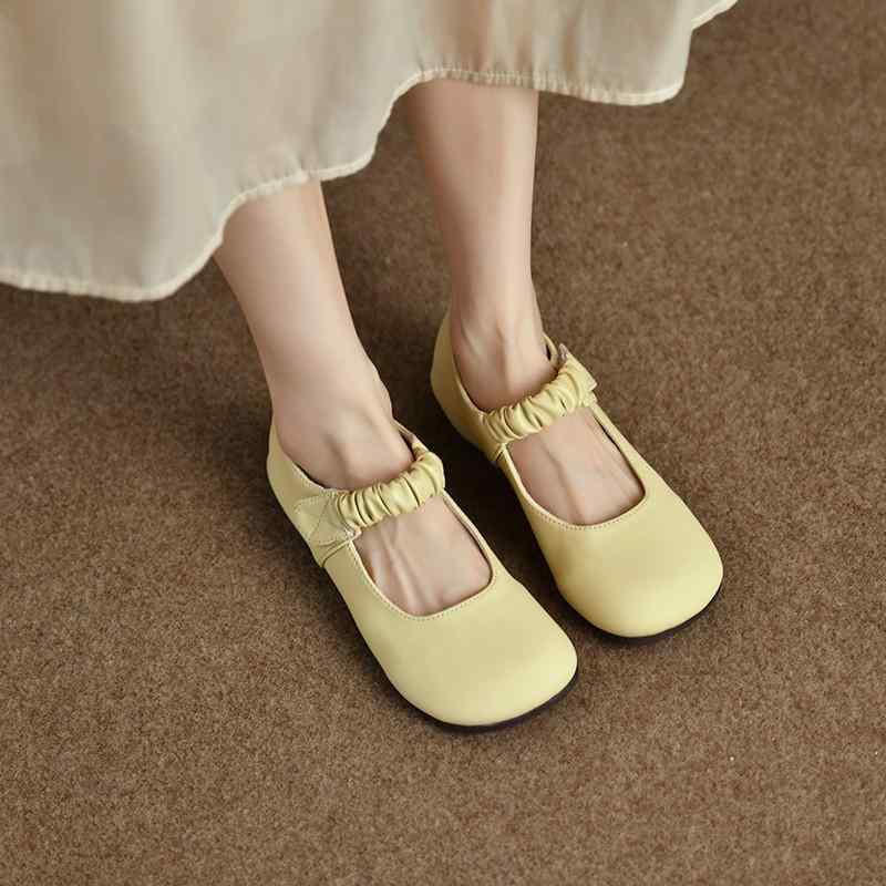 パンプス レディース フラット ローヒール ラウンドトゥ ぺたんこ靴 PUレザー 合皮 カジュアル かわいい 公主風スタイル 春夏秋 アイボリー 黄色系