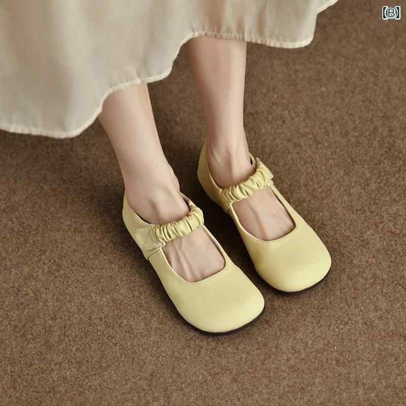 パンプス レディース フラット ローヒール ラウンドトゥ ぺたんこ靴 PUレザー 合皮 カジュアル かわいい 公主風スタイル 春夏秋 アイボリー 黄色系