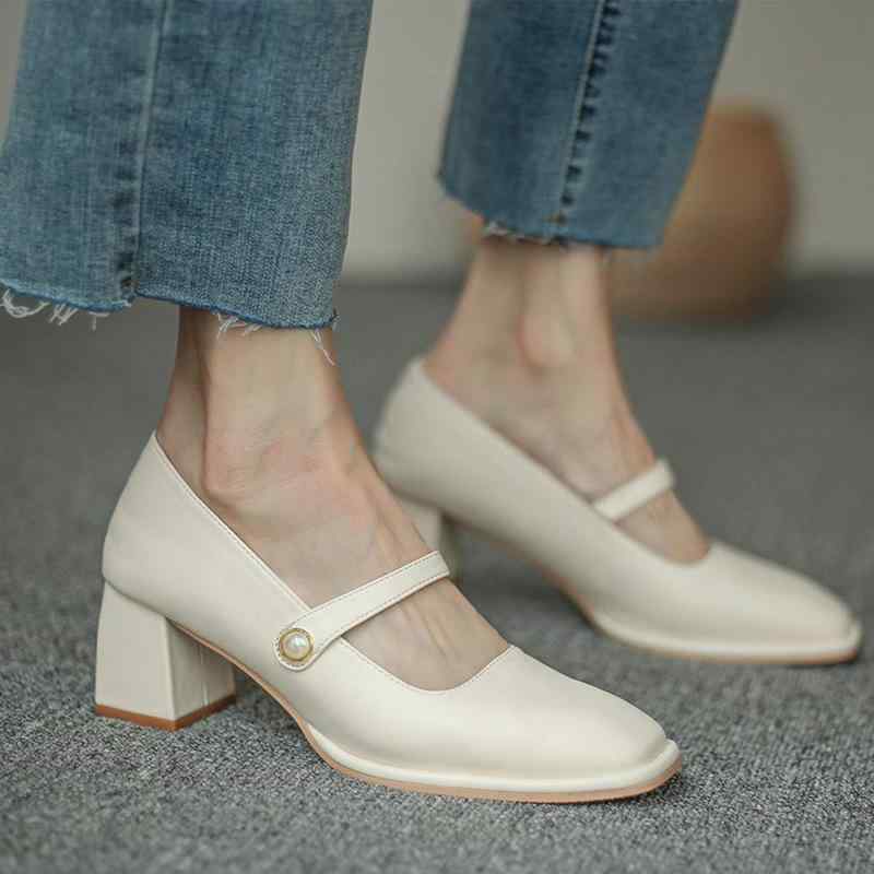 マリージェーン レディース パンプス 太ヒール ローヒール スクエアトゥ 人工皮革 無地 スリップオン ..