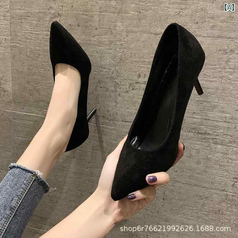 パンプス レディース ポインテッドトゥ スエード調 ハイヒール ピンヒール 5cm 7cm 9cm 黒 ブラック 春夏 秋 通勤 オフィス ビジネス フォーマル