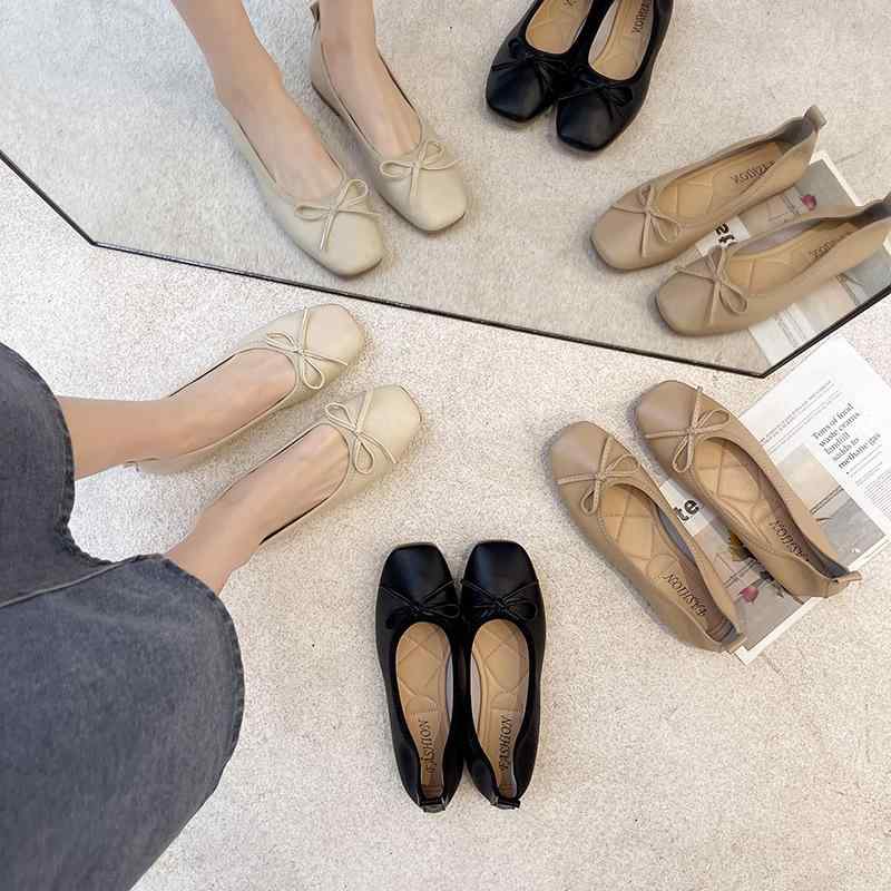 パンプス レディース 大きいサイズ バレエシューズ フラット ローヒール スクエアトゥ ぺたんこ 35～43 春秋 無地 幅広 甲高 カッターシューズ 歩きやすい 疲れにくい カジュアル 旅行 お出かけ かわいい カーキ オフホワイト ブラック
