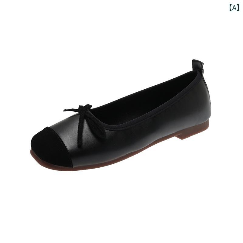 パンプス レディース フラット ローヒール スクエアトゥ バレエシューズ ぺたんこ 履きやすい 歩きやすい 痛くなりにくい かわいい 蝶結び リボン スリッポン 春夏 秋冬 黒 ブラック 銀 シルバー ベージュ
