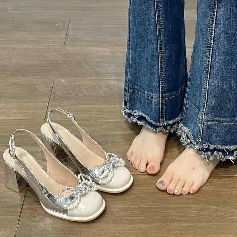 サンダル レディース 蝶結び 水晶 キラキラ メリージェーン風 ローヒール チャンキーヒール シルバー かわいい カジュアル 歩きやすい 普段使い