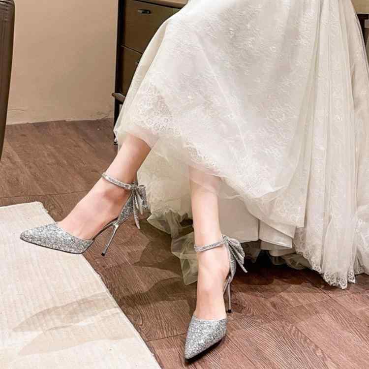 パンプス レディース グリッター ポインテッドトゥ 9cmヒール シルバー シルバー ブラック 黒 ハイヒー..