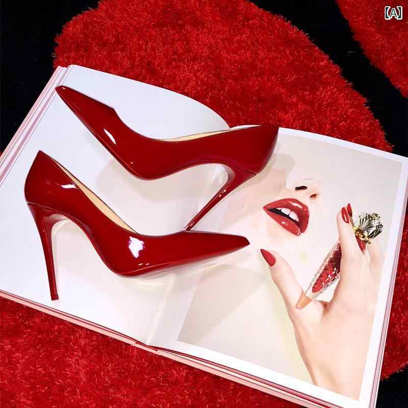 レディース パンプス ポインテッドトゥ ピンヒール 7cm 10cm ハイヒール スリップオン 合成皮革 レッド..