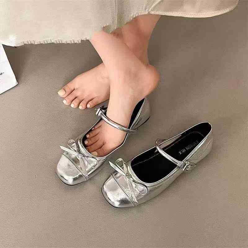 パンプス レディース バレエシューズ フラット ローヒール シルバー ラウンドトゥ メリージェーン PUレザー 春夏 秋 婦人靴 デイリー