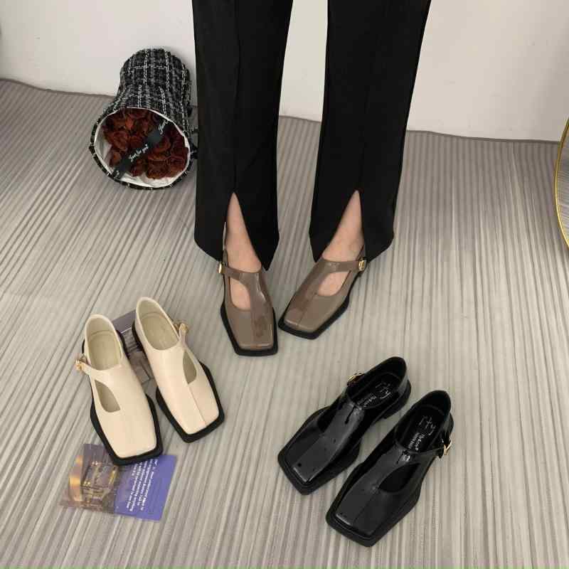 マリージェーン レディース ローファー スクエアトゥ 太ヒール チャンキーヒール パンプス 繊維 杏色 ..