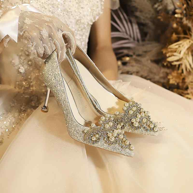 高跟パンプス レディース グリッター ウェディング ブライダルシューズ ラインストーン スパンコール ..