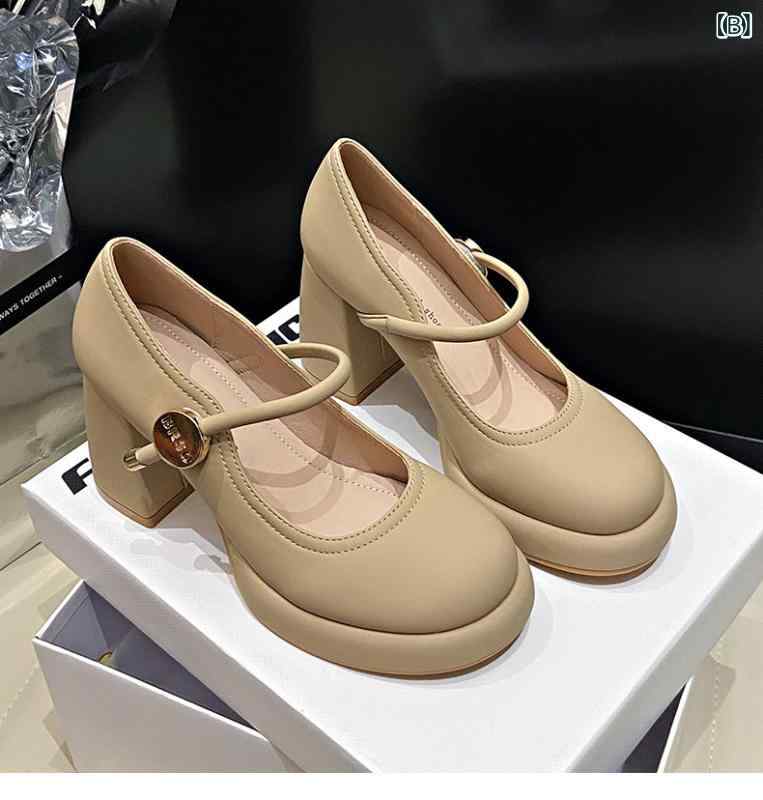 パンプス レディース マリージェーン 太ヒール ラウンドトゥ ハイヒール ストラップ 無地 春夏 秋冬 ブラック 黒 ベージュ系 大きいサイズ 痛くなりにくい 歩きやすい かわいい PU 普段使い