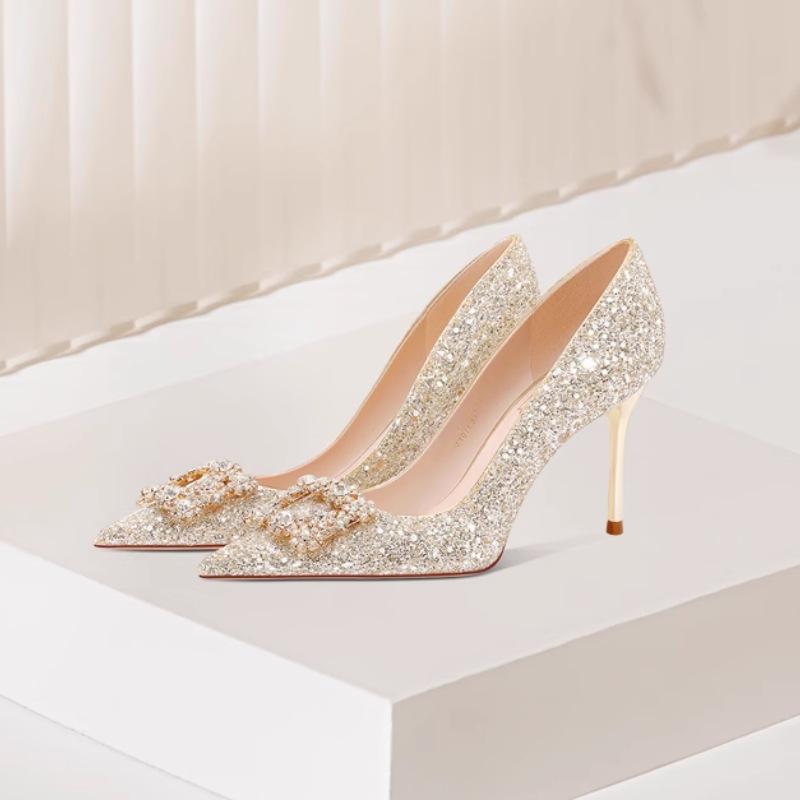 ハイヒール レディース ウェディングシューズ 結婚式 パンプス クリスタル シャンパンゴールド シルバ..